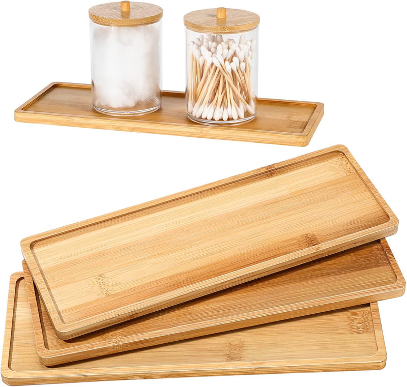 Bamboo Tea Serving Tray 3 Pcs Decorative Multi Use Bathroom Counter Tray with Edges Bamboo Vanity for Dresser Food Coffee Tea Snack Tissues Candles, 11 x 4 Inch(Rectangle Style)