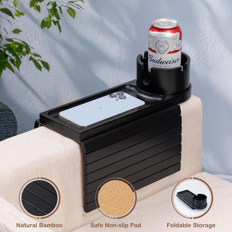 Bandeja de suporte de copo de sofá, bandeja de braço de sofá de bambu com suporte giratório de 360°, bandeja de descanso de braço de sofá dobrável 3 em 1 para controle remoto/lanches/xícaras/bebidas