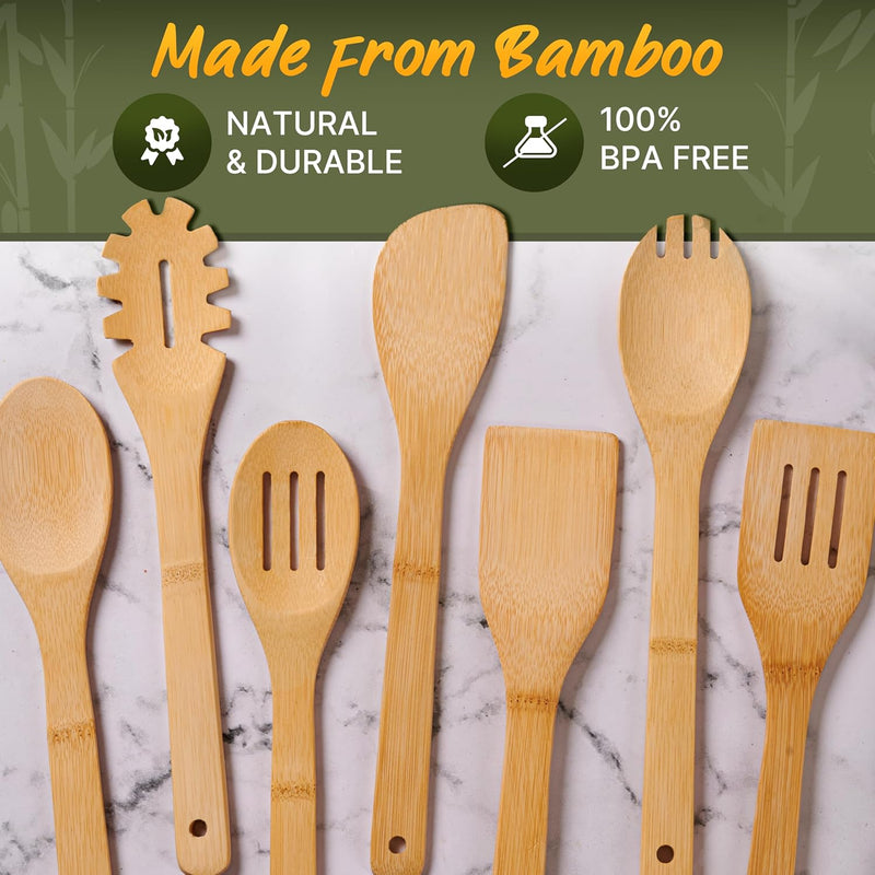 Conjunto de utensílios de madeira, utensílios de bambu – 7 peças de colheres de madeira para cozinhar, fácil de limpar, resistente, leve e resistente ao calor