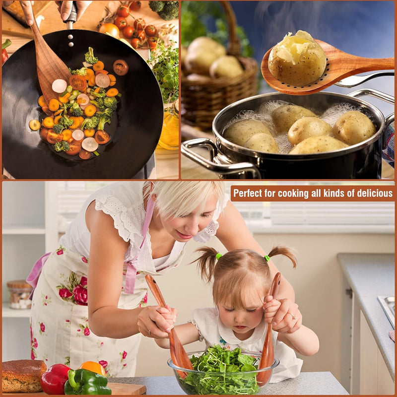 Conjunto de utensílios de cozinha de madeira teca natural de 9 peças com descanso de colher - Suporte de colheres e utensílios de cozinha com aderência confortável