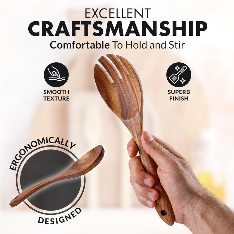 Zulay Kitchen Conjunto de colheres de madeira de 6 peças – Utensílios de teca macios resistentes ao calor com aderência confortável – leve e durável – fácil de limpar, perfeito para panelas