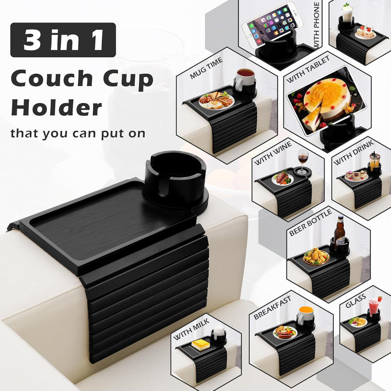 BAMBOOTRAY Bandeja de suporte de copo de sofá, mesa de braço de sofá 3 em 1, grande 48 x 33 cm, mesa lateral de bambu com clipe de sofá com suporte de copo de 360° para sofá, organizador