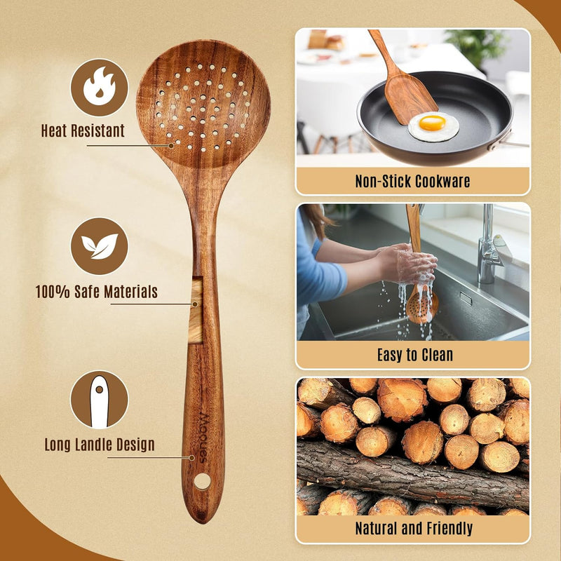 Conjunto de utensílios de cozinha de madeira teca natural de 9 peças com descanso de colher - Suporte de colheres e utensílios de cozinha com aderência confortável