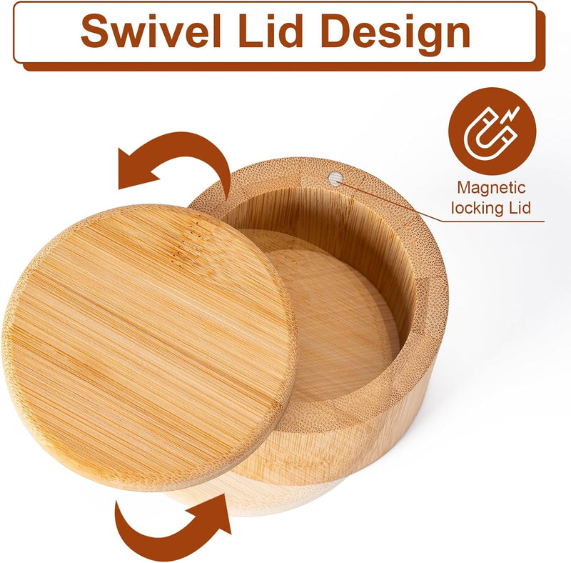 Saleiro de bambu, caixa de sal com tampa magnética giratória