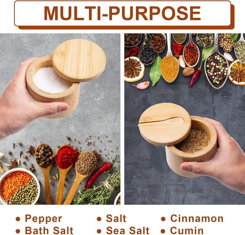 Saleiro de bambu, caixa de sal com tampa magnética giratória