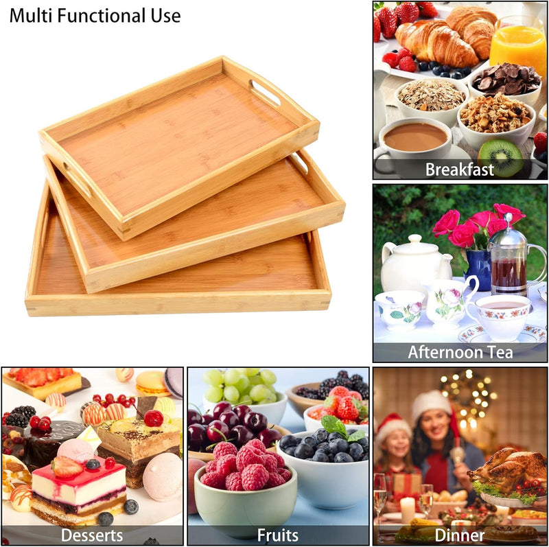 3 Pack Bamboo Serving Trays with Handles, Rectangular Kitchen Food Tray for Eating, Dinner Trays for Eating on Couch, Wood Serving Platter for Breakfast, Tea, Bar, Restaurant, Party or Bed (Beige)