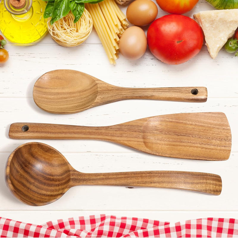 Conjunto de utensílios de cozinha de madeira teca natural de 9 peças com descanso de colher - Suporte de colheres e utensílios de cozinha com aderência confortável