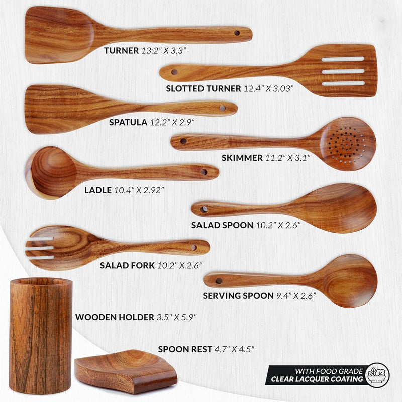 Zulay Kitchen Conjunto de colheres de madeira de 6 peças – Utensílios de teca macios resistentes ao calor com aderência confortável – leve e durável – fácil de limpar, perfeito para panelas