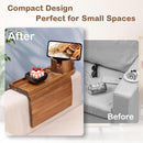 Bandeja de suporte de copo de sofá, bandeja de braço de sofá de bambu com suporte giratório de 360°, bandeja de descanso de braço de sofá dobrável 3 em 1 para controle remoto/lanches/xícaras/bebidas