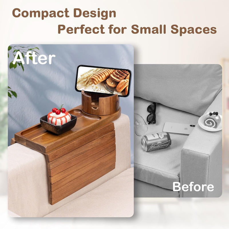 Bandeja de suporte de copo de sofá, bandeja de braço de sofá de bambu com suporte giratório de 360°, bandeja de descanso de braço de sofá dobrável 3 em 1 para controle remoto/lanches/xícaras/bebidas