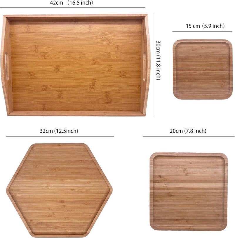 Conjunto de Bandejas de Bambu com Alças – 4 Peças para Servir, Petiscos e Jantar em Família
