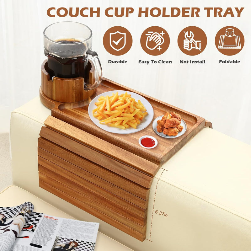 BAMBOOTRAY Bandeja de suporte de copo de sofá, mesa de braço de sofá 3 em 1, grande 48 x 33 cm, mesa lateral de bambu com clipe de sofá com suporte de copo de 360° para sofá, organizador