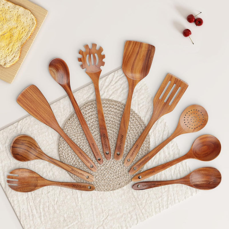 Conjunto de utensílios de cozinha de madeira teca natural de 9 peças com descanso de colher - Suporte de colheres e utensílios de cozinha com aderência confortável
