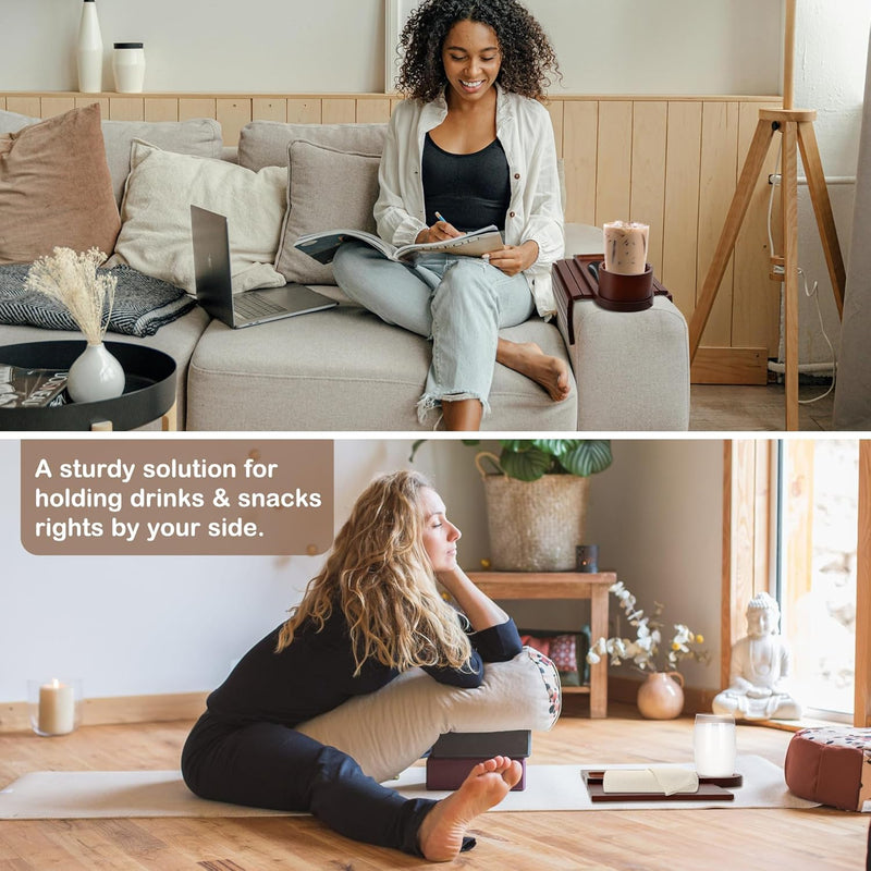 Bandeja de suporte de copo de sofá, bandeja de braço de sofá de bambu com suporte giratório de 360°, bandeja de descanso de braço de sofá dobrável 3 em 1 para controle remoto/lanches/xícaras/bebidas