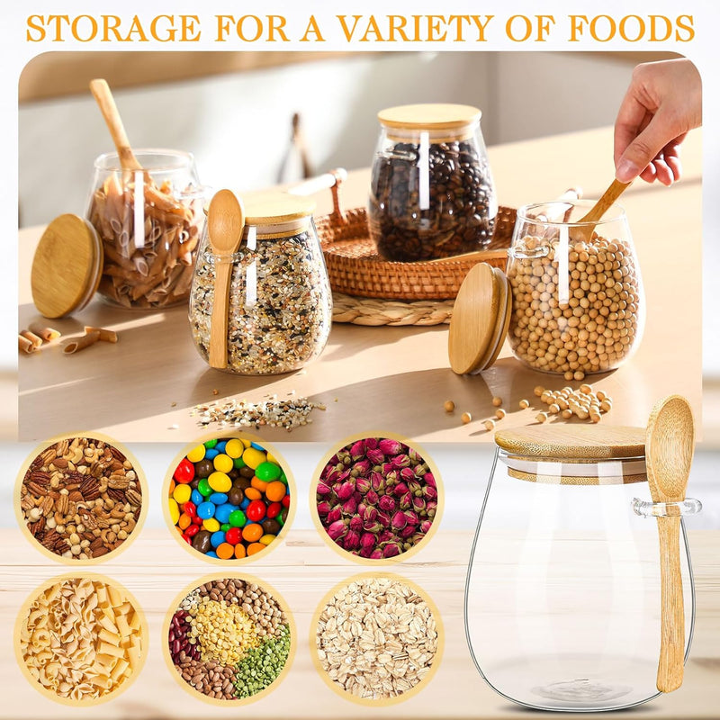 Pickmesh Set of 6 Airtight Glass Jars with Bamboo Lids and Spoons 20 oz Glass Storage Containers Jars Set for Kitchen Food Storage Sugar Chia Seeds Overnight Oats Spice Beans Coffee Dry Goods