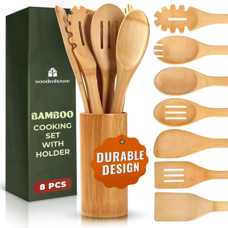 Conjunto de utensílios de madeira, utensílios de bambu – 7 peças de colheres de madeira para cozinhar, fácil de limpar, resistente, leve e resistente ao calor