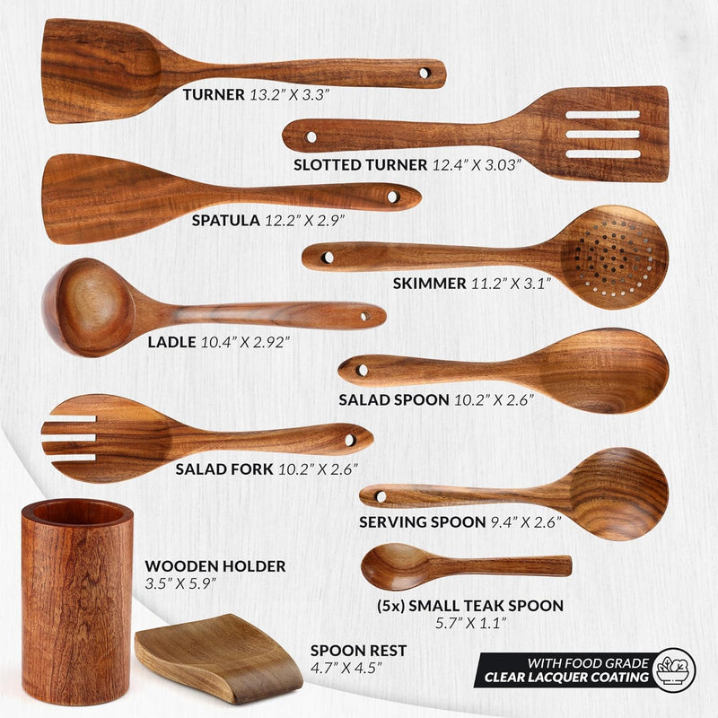 Zulay Kitchen Conjunto de colheres de madeira de 6 peças – Utensílios de teca macios resistentes ao calor com aderência confortável – leve e durável – fácil de limpar, perfeito para panelas