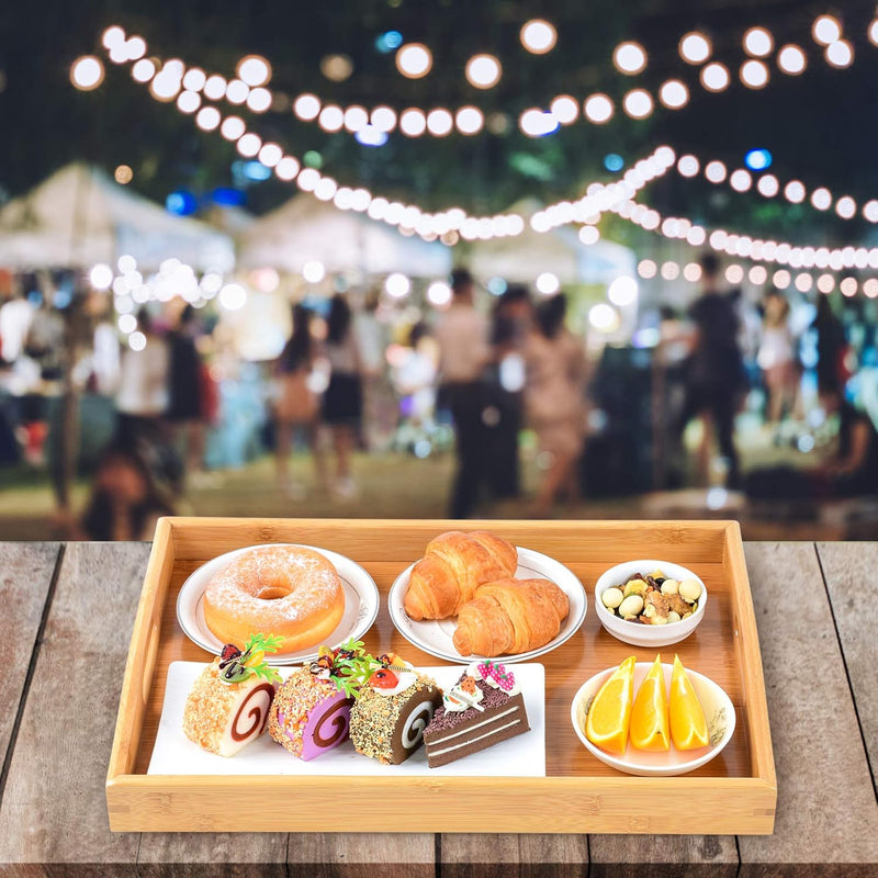 3 Pack Bamboo Serving Trays with Handles, Rectangular Kitchen Food Tray for Eating, Dinner Trays for Eating on Couch, Wood Serving Platter for Breakfast, Tea, Bar, Restaurant, Party or Bed (Beige)