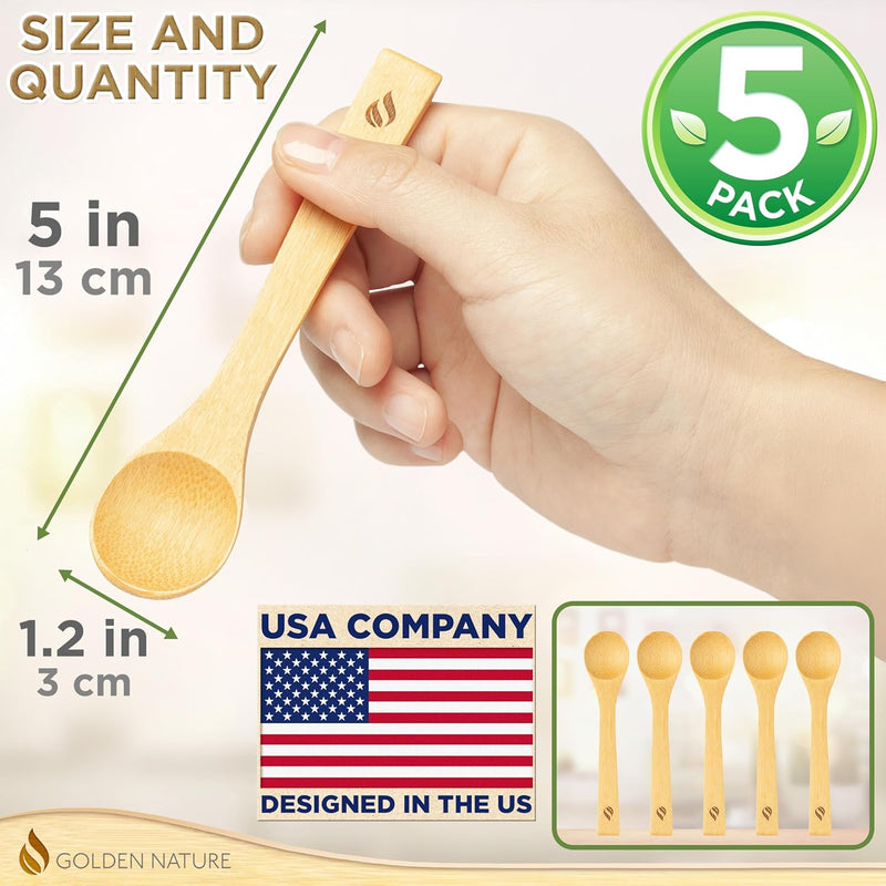Conjunto de colheres de bambu (5 peças), pequenas colheres de chá de cozinha, colheres de madeira minúsculas perfeitas para açúcar, especiarias, temperos, café, geléia, ervas, mel e sobremesa