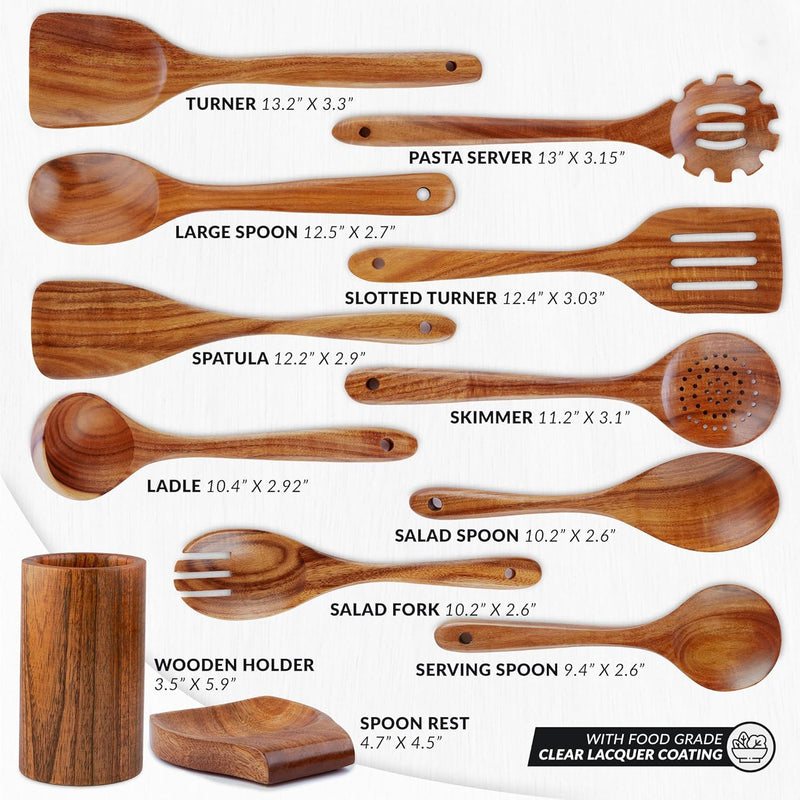 Zulay Kitchen Conjunto de colheres de madeira de 6 peças – Utensílios de teca macios resistentes ao calor com aderência confortável – leve e durável – fácil de limpar, perfeito para panelas