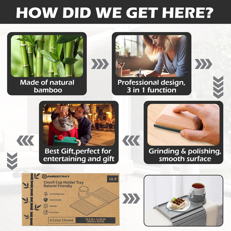 BAMBOOTRAY Bandeja de suporte de copo de sofá, mesa de braço de sofá 3 em 1, grande 48 x 33 cm, mesa lateral de bambu com clipe de sofá com suporte de copo de 360° para sofá, organizador