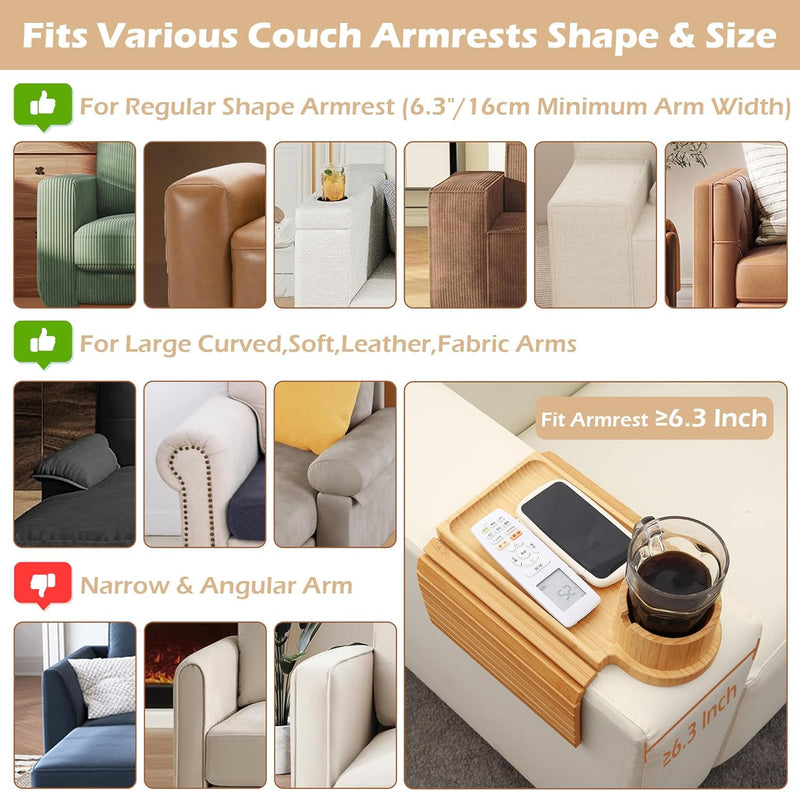 BAMBOOTRAY Bandeja de suporte de copo de sofá, mesa de braço de sofá 3 em 1, grande 48 x 33 cm, mesa lateral de bambu com clipe de sofá com suporte de copo de 360° para sofá, organizador