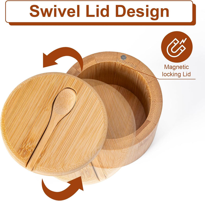 Saleiro de bambu, caixa de sal com tampa magnética giratória