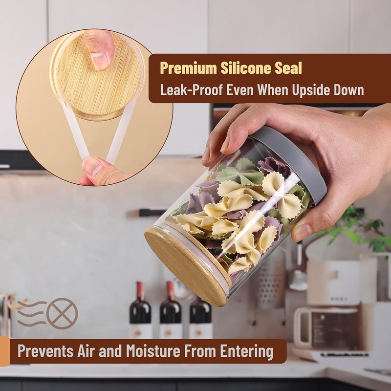 BAMBOO LAND- Glass Jars with Bamboo Lids and Spoons Set, 19 Oz, Set of 6, Glass Containers with Bamboo Lids Airtight for Loose Tea, Brown Sugar, Candy, Nuts