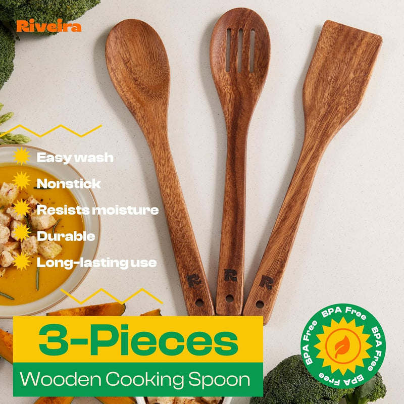 Riveira Colheres de cozinha de bambu com 6 peças – Conjunto de utensílios de cozinha de madeira com colheres de madeira para cozinhar e espátulas, conjuntos de utensílios de madeira – Conjunto de