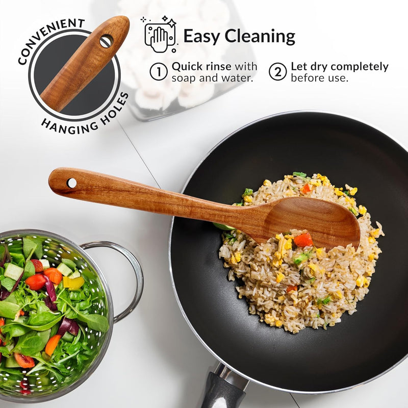 Zulay Kitchen Conjunto de colheres de madeira de 6 peças – Utensílios de teca macios resistentes ao calor com aderência confortável – leve e durável – fácil de limpar, perfeito para panelas