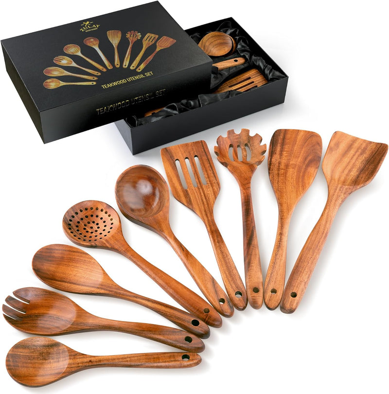 Zulay Kitchen Conjunto de colheres de madeira de 6 peças – Utensílios de teca macios resistentes ao calor com aderência confortável – leve e durável – fácil de limpar, perfeito para panelas