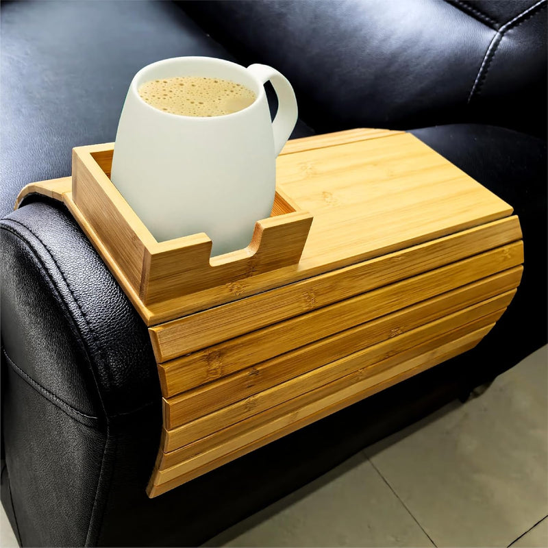 Couch Cup Holder, Bamboo Sofa Armrest Tray with Detachable Cup Holder – Foldable, Anti-Slip Couch Table for Drinks, Snacks, Remotes & Phones – Universal Fit Organizer, Easy to Clean