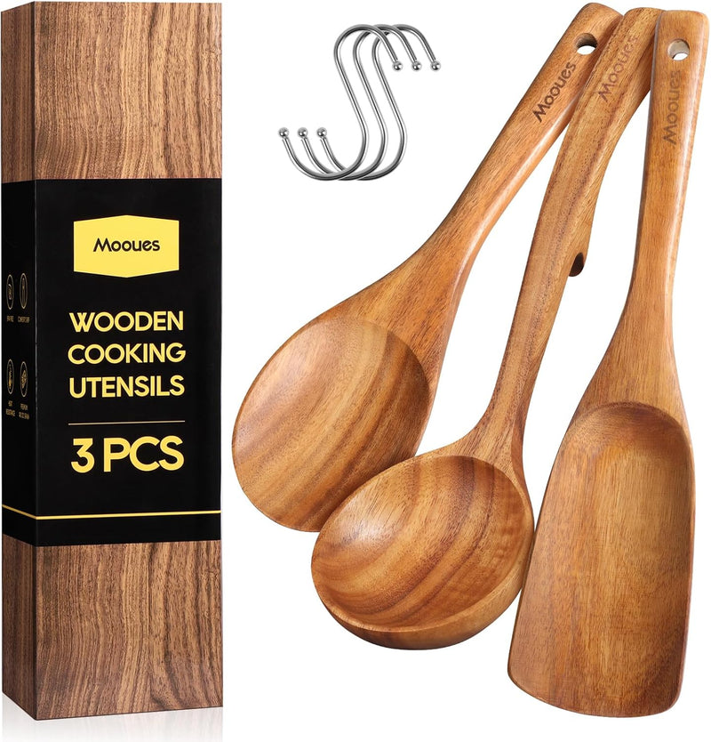 Conjunto de utensílios de cozinha de madeira teca natural de 9 peças com descanso de colher - Suporte de colheres e utensílios de cozinha com aderência confortável