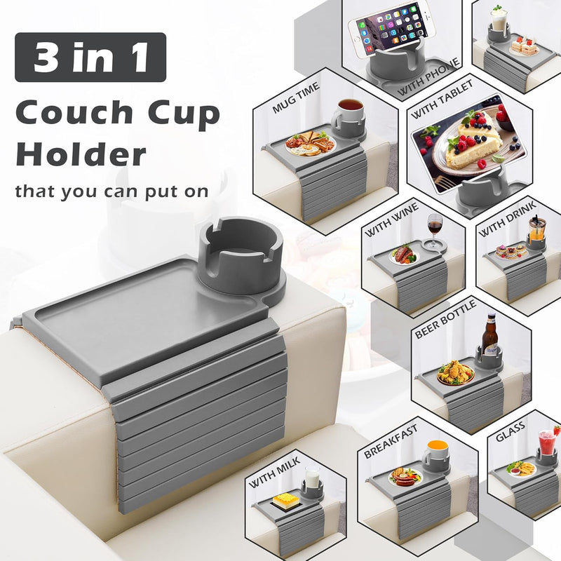 BAMBOOTRAY Bandeja de suporte de copo de sofá, mesa de braço de sofá 3 em 1, grande 48 x 33 cm, mesa lateral de bambu com clipe de sofá com suporte de copo de 360° para sofá, organizador