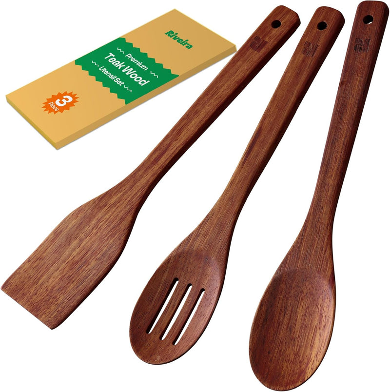 Riveira Colheres de cozinha de bambu com 6 peças – Conjunto de utensílios de cozinha de madeira com colheres de madeira para cozinhar e espátulas, conjuntos de utensílios de madeira – Conjunto de