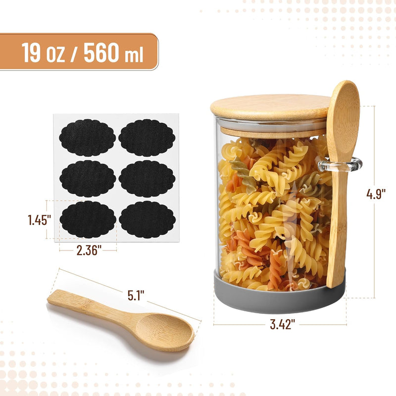 BAMBOO LAND- Glass Jars with Bamboo Lids and Spoons Set, 19 Oz, Set of 6, Glass Containers with Bamboo Lids Airtight for Loose Tea, Brown Sugar, Candy, Nuts