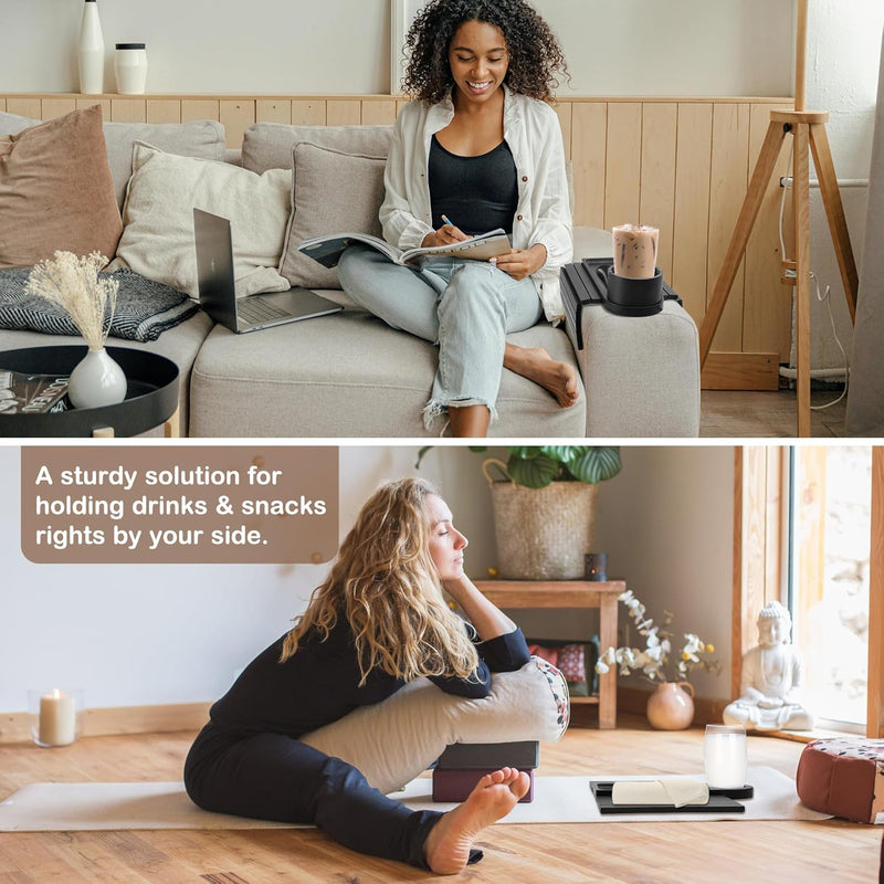 Bandeja de suporte de copo de sofá, bandeja de braço de sofá de bambu com suporte giratório de 360°, bandeja de descanso de braço de sofá dobrável 3 em 1 para controle remoto/lanches/xícaras/bebidas