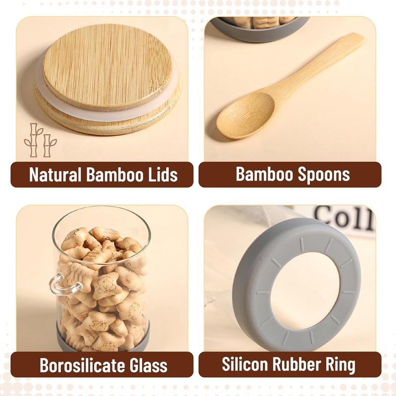 BAMBOO LAND- Glass Jars with Bamboo Lids and Spoons Set, 19 Oz, Set of 6, Glass Containers with Bamboo Lids Airtight for Loose Tea, Brown Sugar, Candy, Nuts