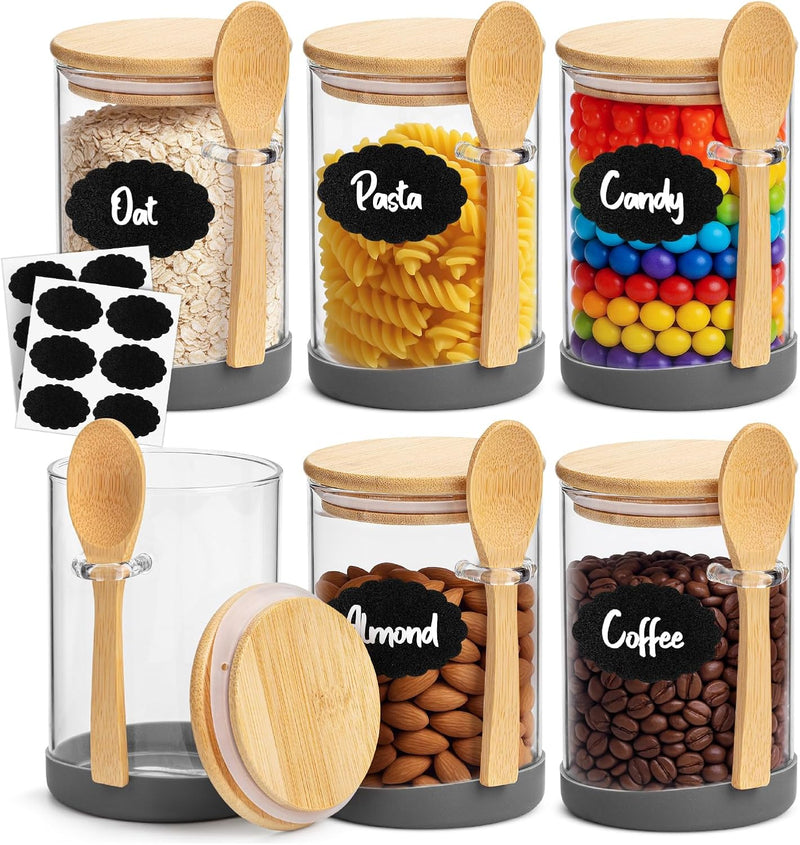 BAMBOO LAND- Glass Jars with Bamboo Lids and Spoons Set, 19 Oz, Set of 6, Glass Containers with Bamboo Lids Airtight for Loose Tea, Brown Sugar, Candy, Nuts