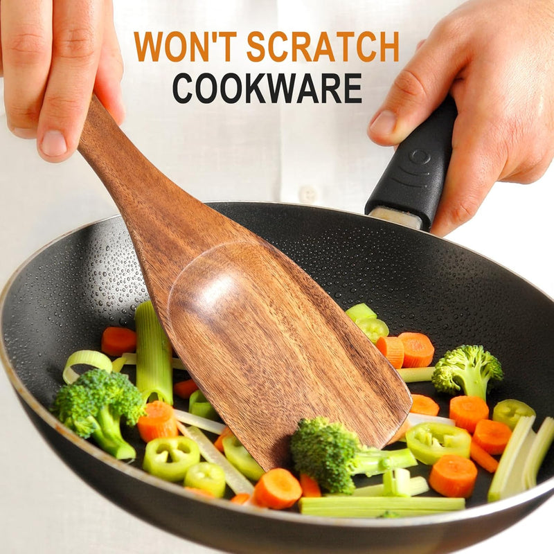 Conjunto de utensílios de cozinha de madeira teca natural de 9 peças com descanso de colher - Suporte de colheres e utensílios de cozinha com aderência confortável