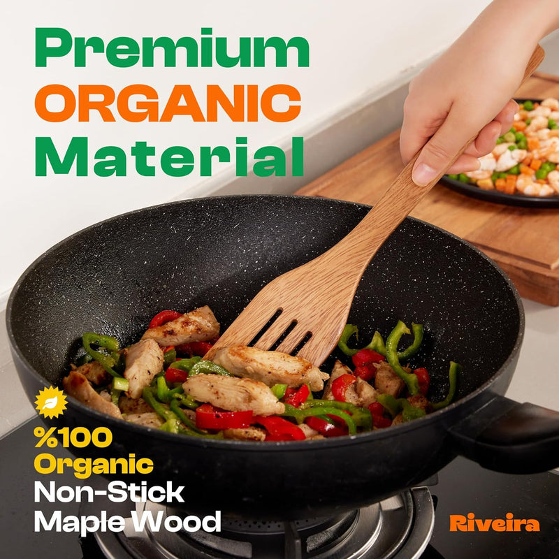 Riveira Colheres de cozinha de bambu com 6 peças – Conjunto de utensílios de cozinha de madeira com colheres de madeira para cozinhar e espátulas, conjuntos de utensílios de madeira – Conjunto de