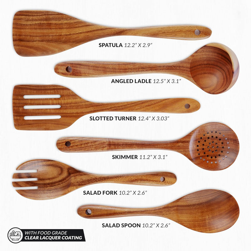Zulay Kitchen Conjunto de colheres de madeira de 6 peças – Utensílios de teca macios resistentes ao calor com aderência confortável – leve e durável – fácil de limpar, perfeito para panelas