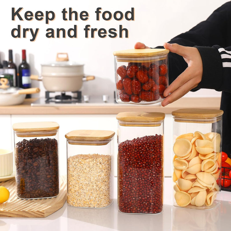 Frascos de vidro para armazenamento de alimentos com tampas (680 g/1,048 g/1,417 g), conjunto quadrado de 6, recipientes de armazenamento de vidro transparente para alimentos com tampa de bambu