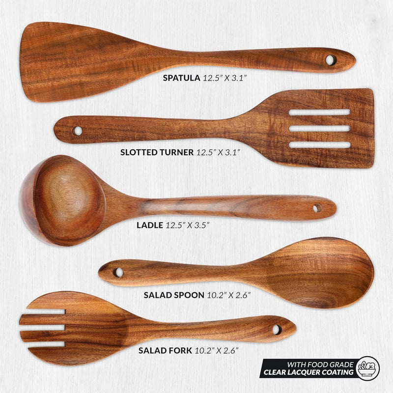 Zulay Kitchen Conjunto de colheres de madeira de 6 peças – Utensílios de teca macios resistentes ao calor com aderência confortável – leve e durável – fácil de limpar, perfeito para panelas