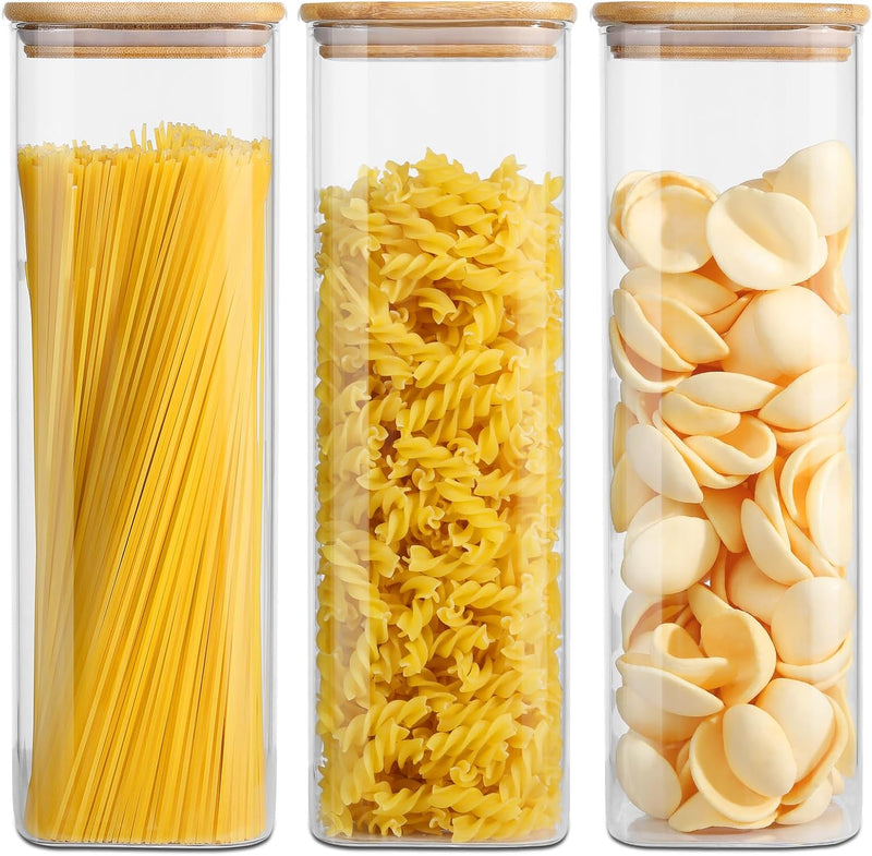 Frascos de vidro para armazenamento de alimentos com tampas (680 g/1,048 g/1,417 g), conjunto quadrado de 6, recipientes de armazenamento de vidro transparente para alimentos com tampa de bambu