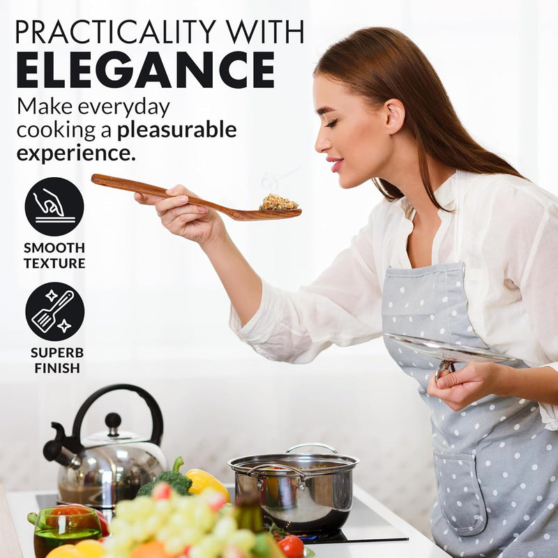 Zulay Kitchen Conjunto de colheres de madeira de 6 peças – Utensílios de teca macios resistentes ao calor com aderência confortável – leve e durável – fácil de limpar, perfeito para panelas