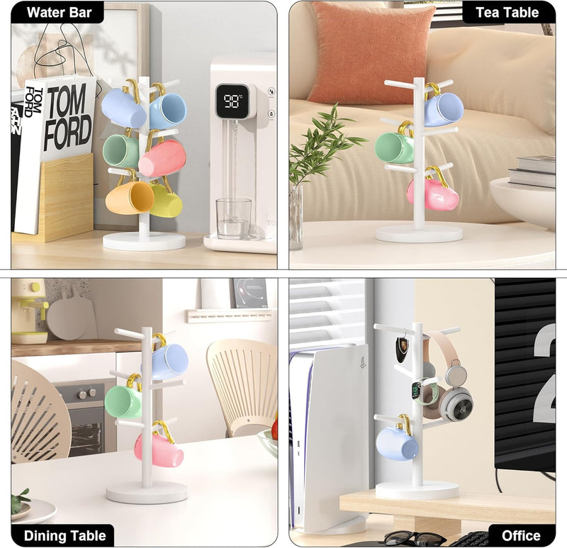 Wisuce Suporte de caneca de café de bambu, base mais grossa, suporte para copo de café, suporte para balcão, suporte para canecas com 6 ganchos (natural)