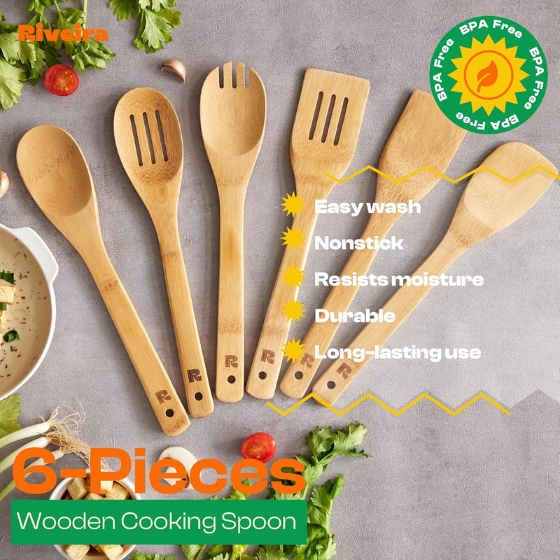 Riveira Colheres de cozinha de bambu com 6 peças – Conjunto de utensílios de cozinha de madeira com colheres de madeira para cozinhar e espátulas, conjuntos de utensílios de madeira – Conjunto de