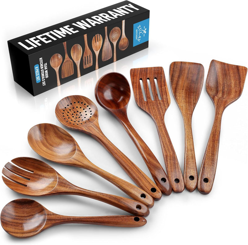 Zulay Kitchen Conjunto de colheres de madeira de 6 peças – Utensílios de teca macios resistentes ao calor com aderência confortável – leve e durável – fácil de limpar, perfeito para panelas