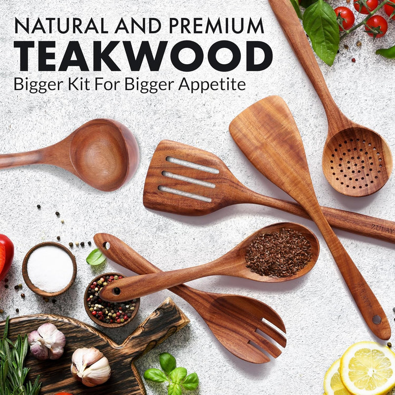 Zulay Kitchen Conjunto de colheres de madeira de 6 peças – Utensílios de teca macios resistentes ao calor com aderência confortável – leve e durável – fácil de limpar, perfeito para panelas